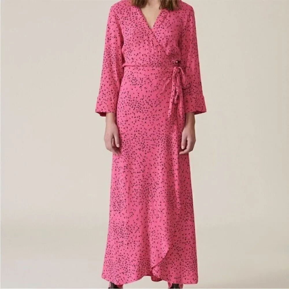 GANNI Barra Floral Printed Crepe Wrap Dress Sz 36 Hot Pink with Black Floral